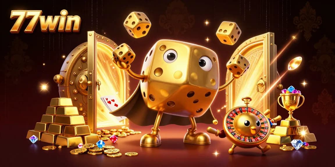 Experience the excitement of gaming at 77win with vibrant 3D casino elements and golden treasures.