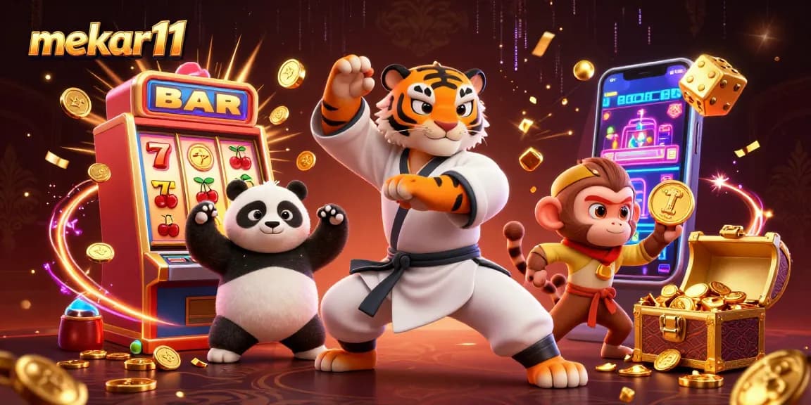 Mekar11 showcases an engaging 3D illustration of exciting slot game elements, highlighting immersive gaming elements.