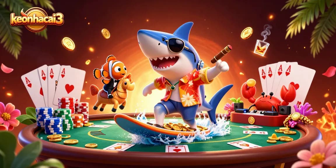 keonhacai3 captures a vibrant casino scene with a shark and clownfish celebrating on gold coins.