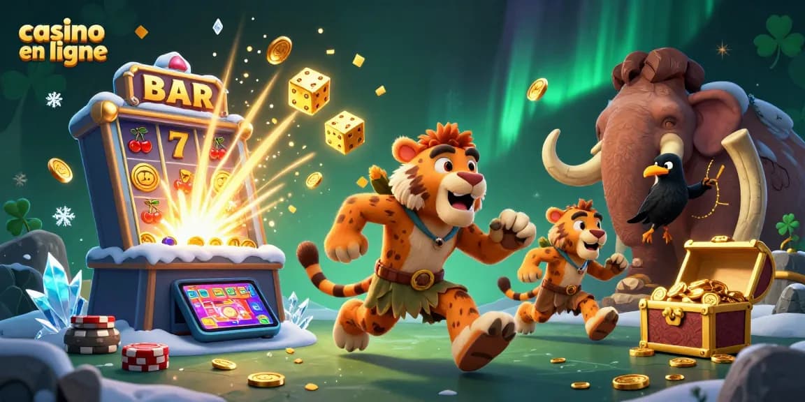 Découvrez le casino en ligne, une illustration dynamique avec des personnages et éléments de jeux captivants.