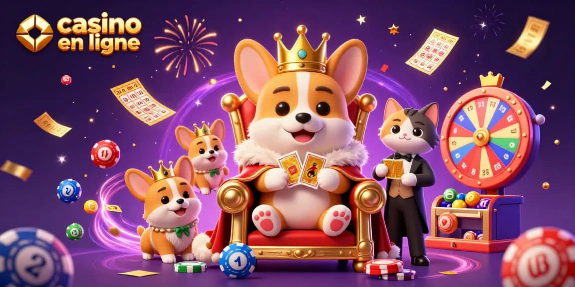 Visitez le casino en ligne avec des corgis royaux sur leur trône entourés de loteries et de jeux d'argent.