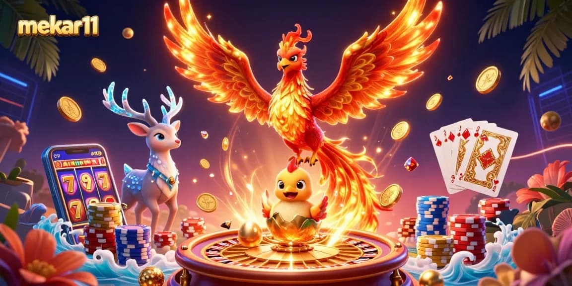 Mekar11 wins with vibrant phoenix, cascading coins, and slot reels in a dynamic gaming scene.