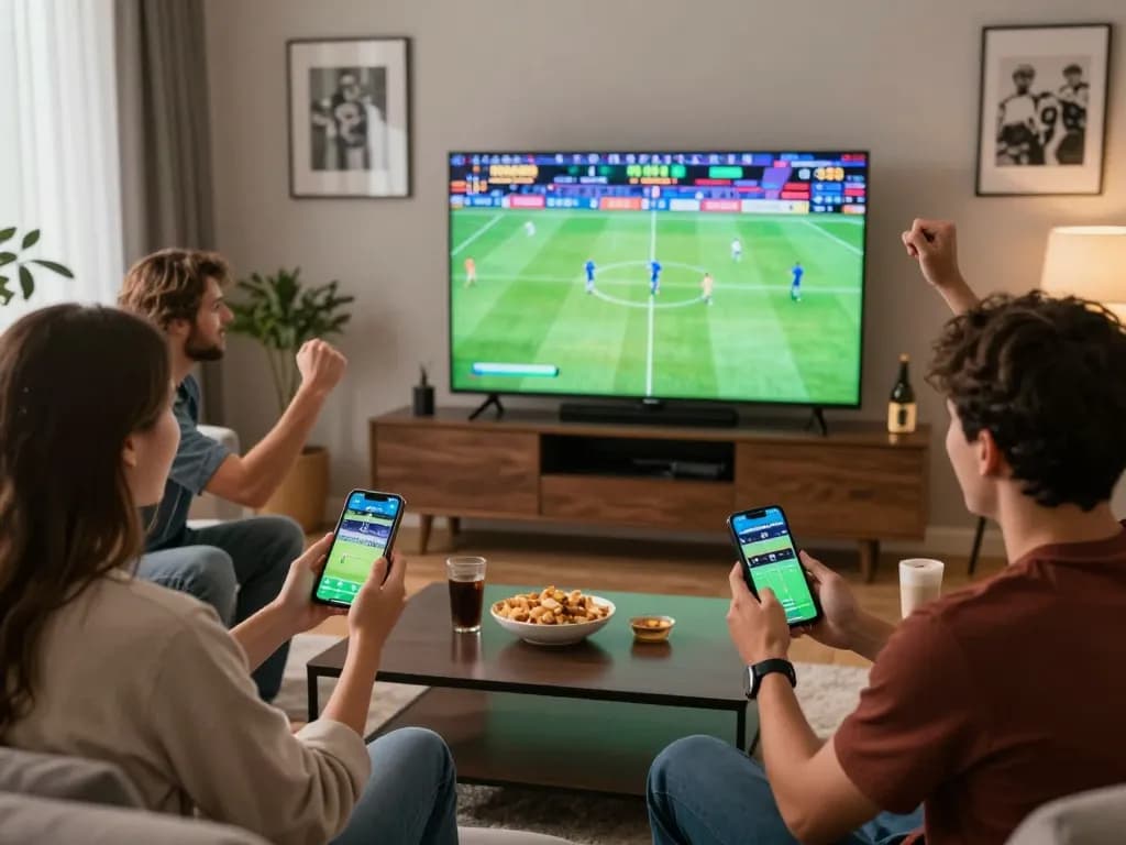 Friends enjoying an online betting game with the MM88 app in a cozy living room.