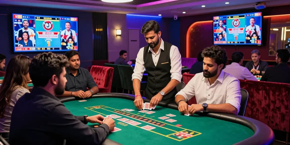 Engaging live casino scene featuring players and a dealer playing Andar Bahar casino game, highlighting excitement and real cash opportunities.