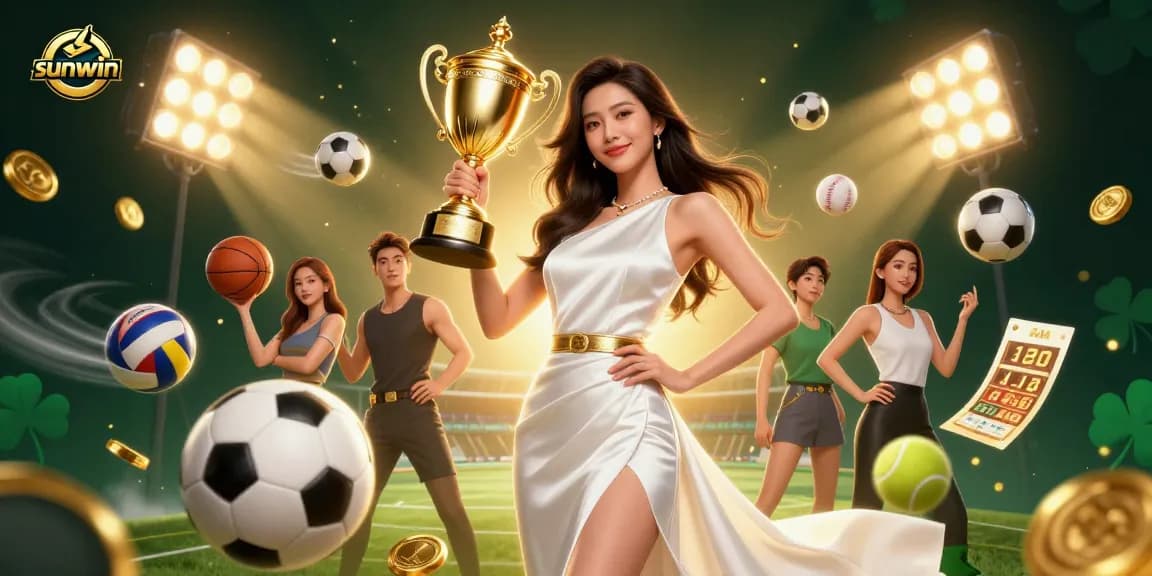 Join the winning excitement with sunwin as a confident player holds a trophy in a vibrant sports betting scene.