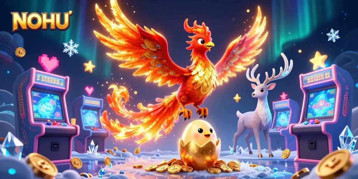 Experience the excitement of NOHU with a vibrant 3D phoenix scene filled with dynamic gaming elements.