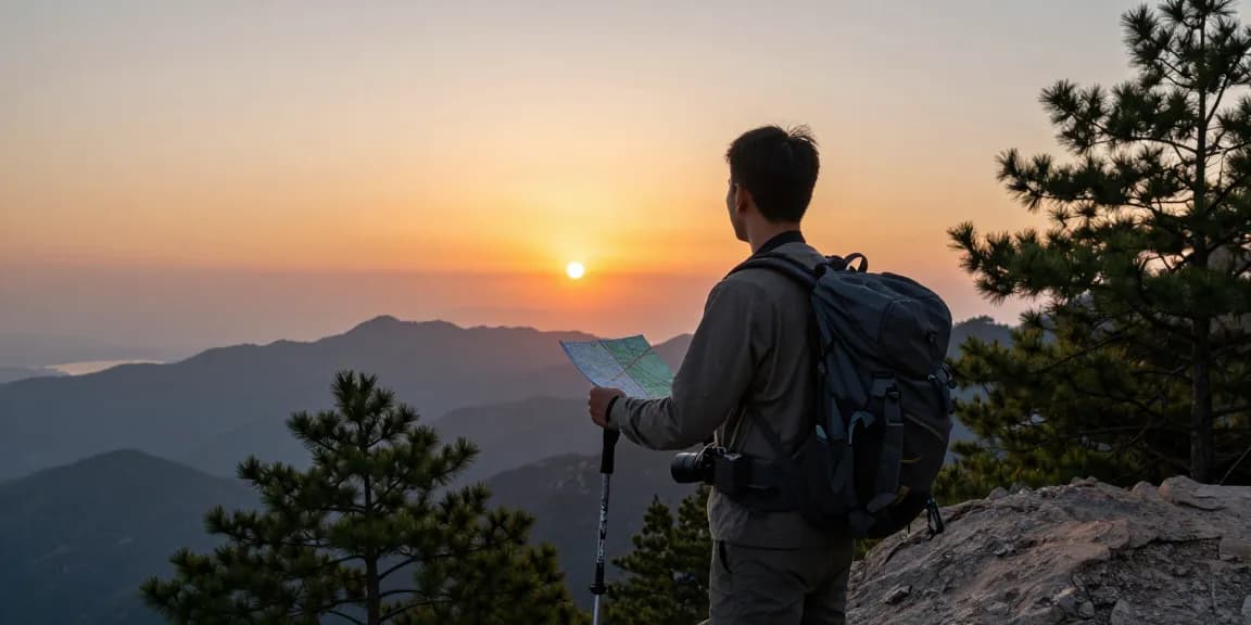 NAGA2000 adventure traveler at sunset mountain viewpoint, showcasing exploration and nature.