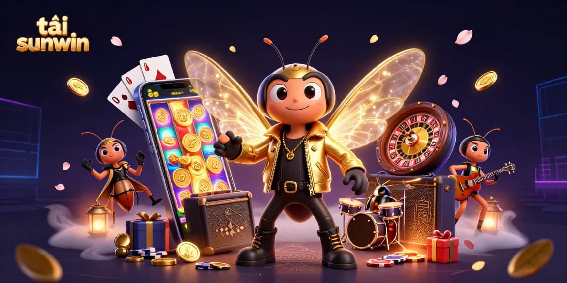 Experience vibrant gameplay with tải sunwin, featuring a rock star cicada surrounded by casino elements.