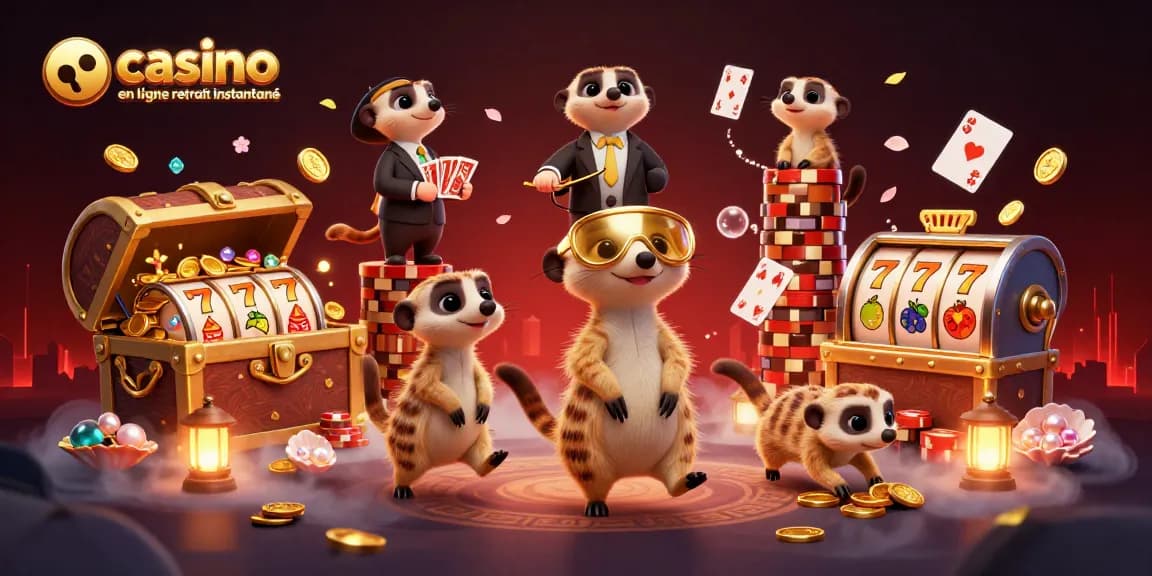 Plongez dans l'univers du casino en ligne retrait instantané avec cette scène fascinante de suricates animés gérant des jeux et des gains.
