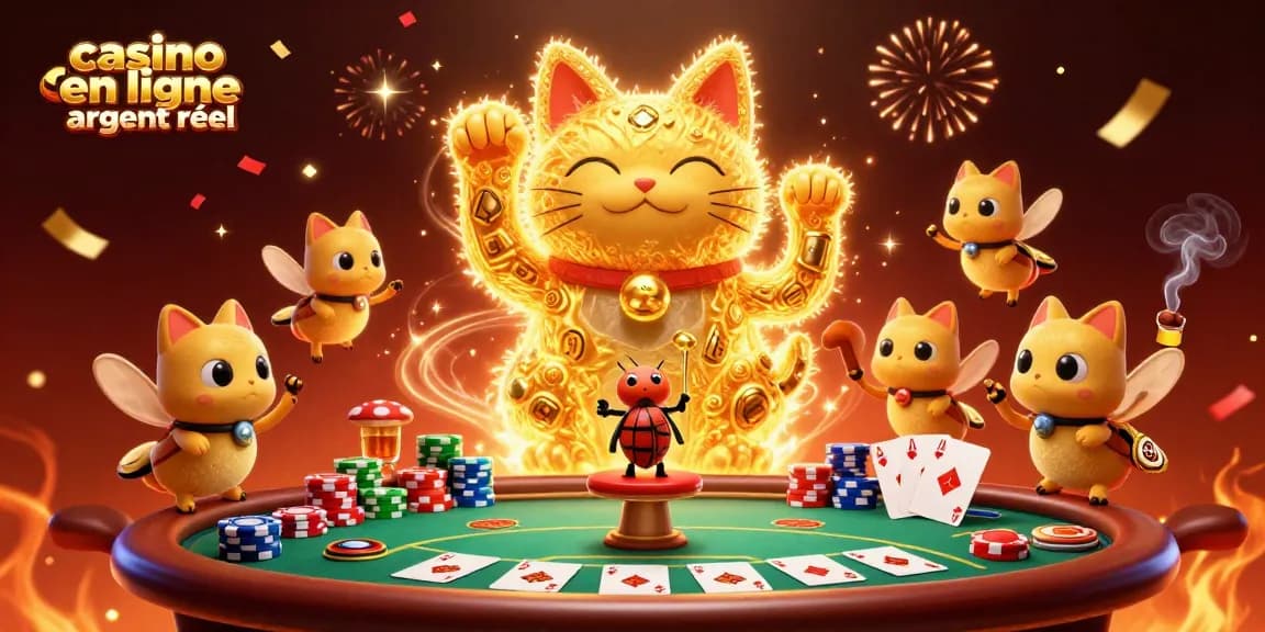 Profitez de l'excitation des jeux au casino en ligne argent réel avec des feux follets et un chat porte-bonheur.