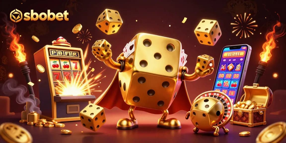 SBOBET sports betting illustration featuring a golden dice golem and jackpot explosion, showcasing real-time gaming excitement.