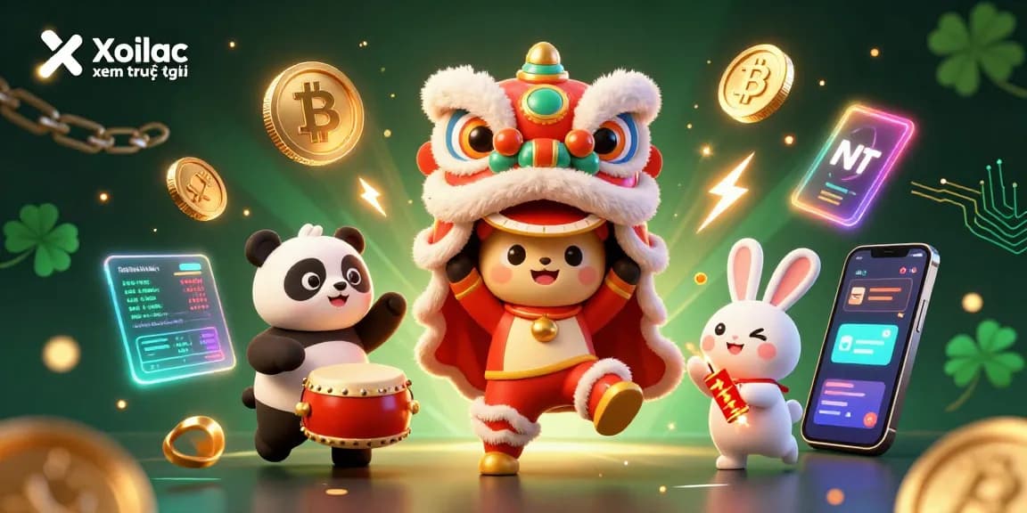 Xoilac xem trực tiếp with an engaging scene of a lion dance, drumming panda, and vibrant crypto elements, perfect for online casino players.