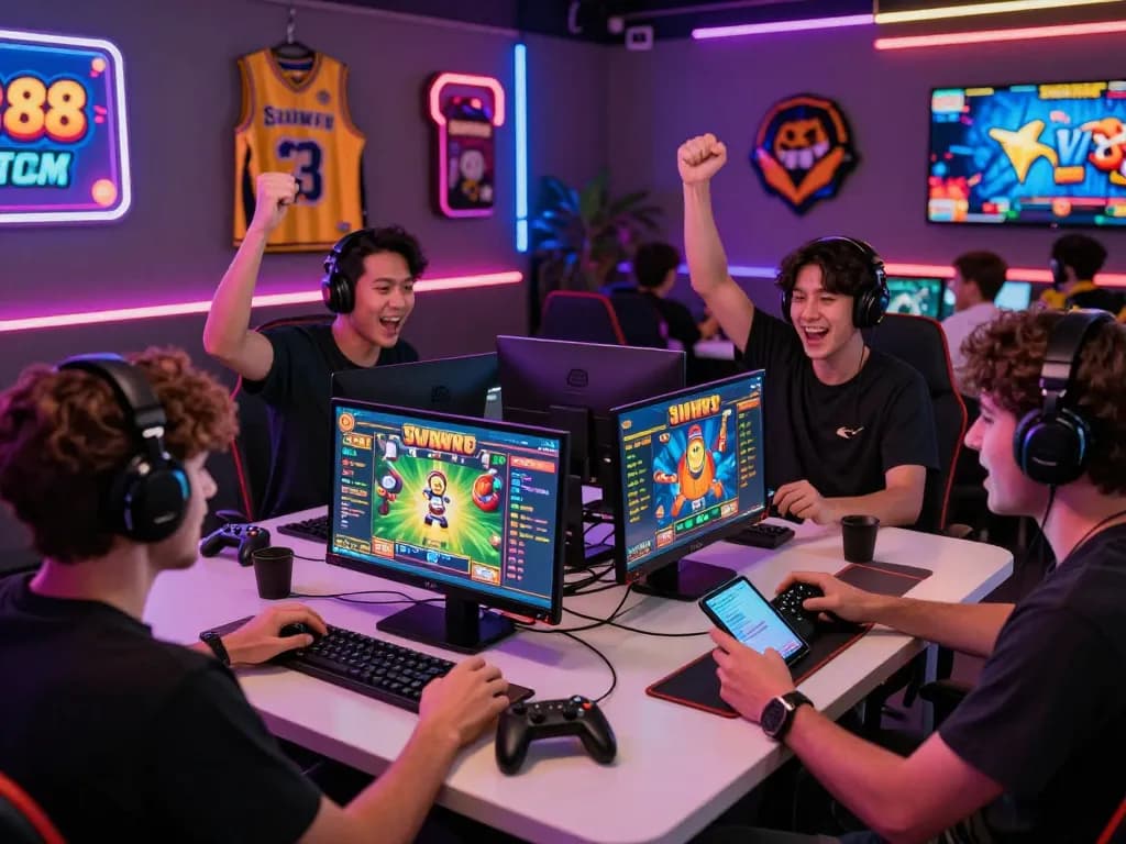 Players enjoying slot88 games in an exciting gaming lounge with bright visuals and gaming devices.
