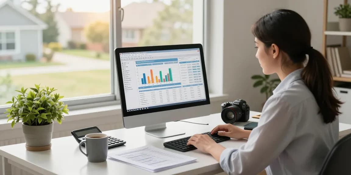 Accountant managing rental property accounting with financial software and organized documents in home office.