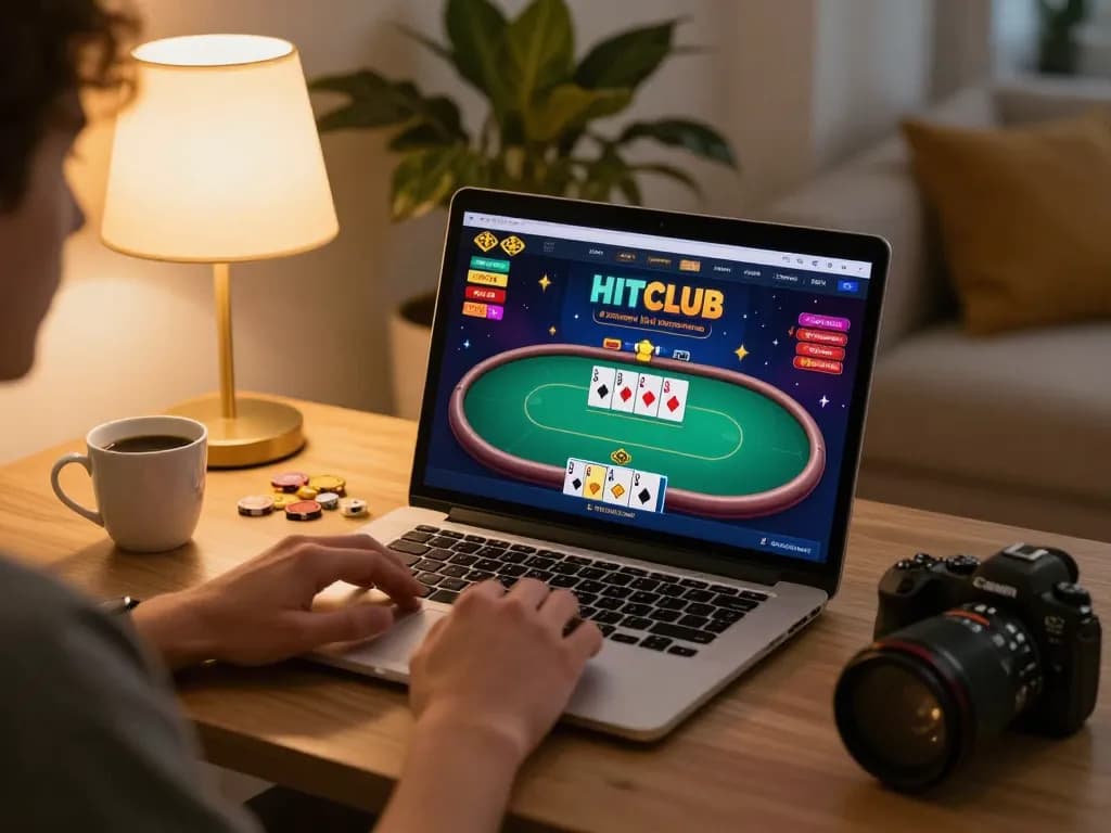 Player enjoying Hitclub online poker game on laptop, set in a cozy home office atmosphere