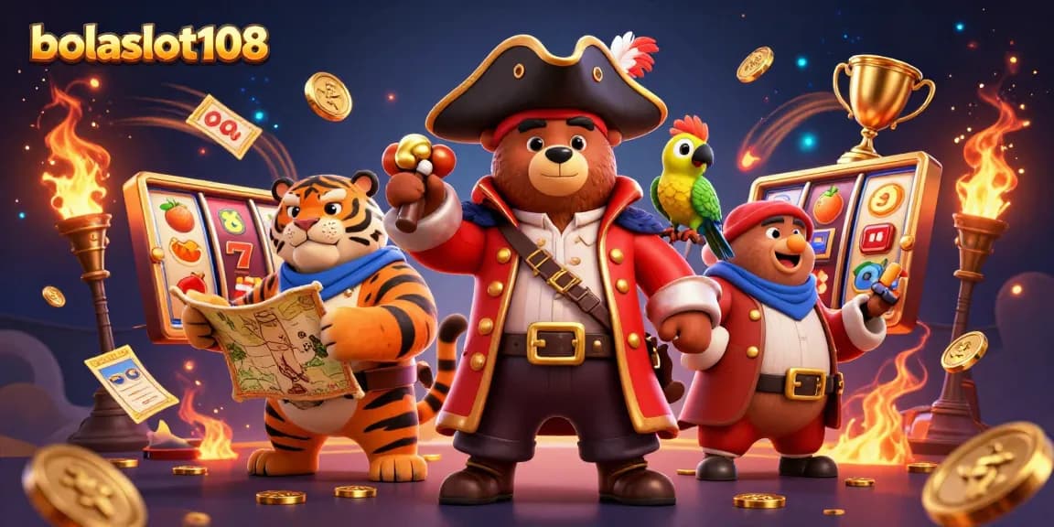 Engage with bolaslot108 featuring a lively scene of a pirate bear, tiger, and parrot amidst dynamic slots and casino elements.