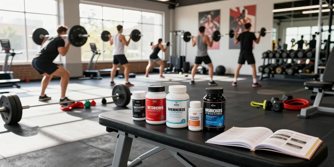 Active gym setting showcasing Unique Pharma Steroids products amidst weightlifting and cardio routines, energizing atmosphere.