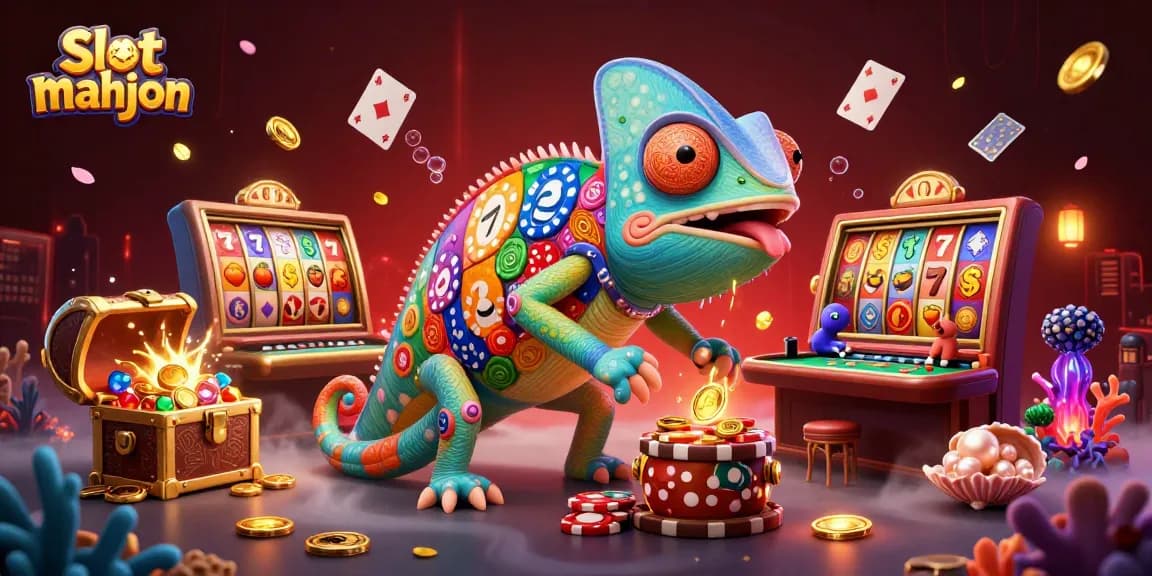 Engage in slot mahjong excitement with colorful slot reels and vibrant casino elements.