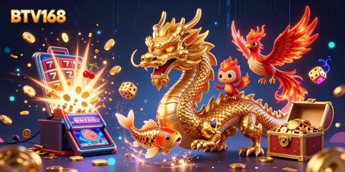 Engage with BTV168's dynamic gaming scene featuring a dragon, phoenix, and koi fish heroically amidst a jackpot.