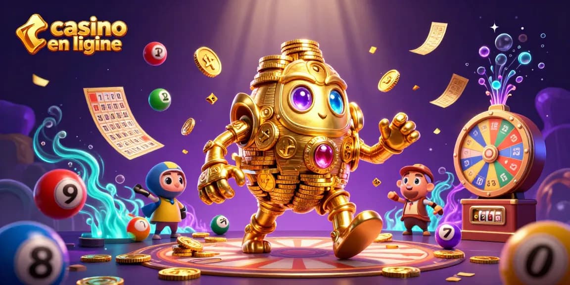 Des jeux interactifs et dynamiques de casino en ligne avec un golem doré et des éléments de loterie.