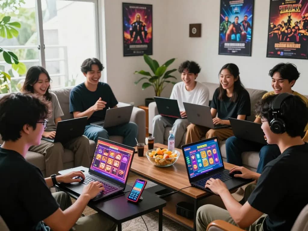 Exciting group playing slot gacor online, showcasing vibrant gaming environment and laughter.