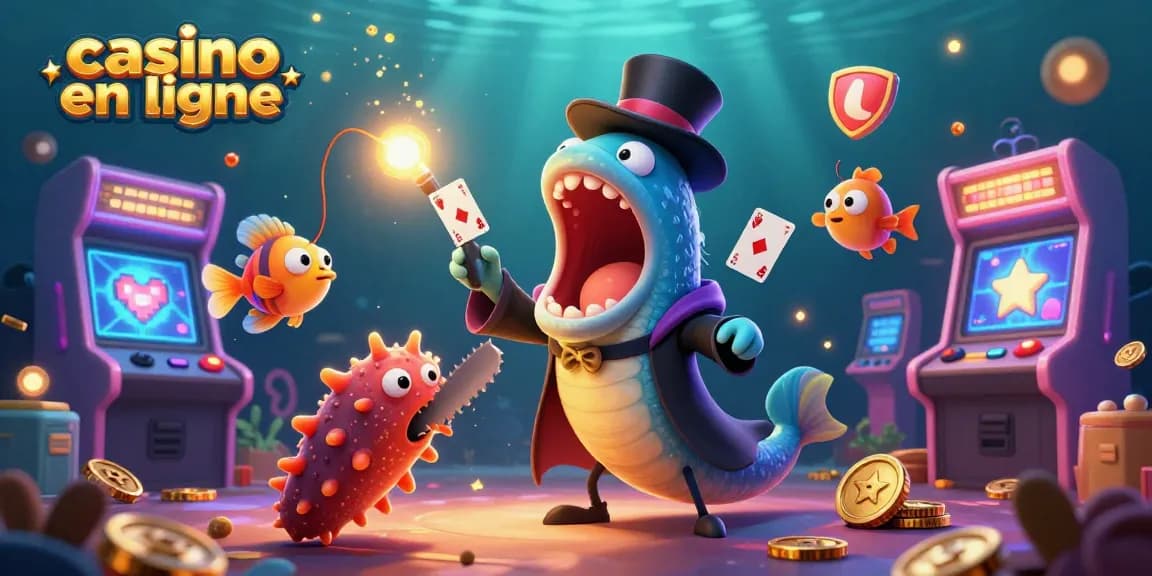 Illustration ludique "casino en ligne" avec un poisson-lanterne et un poisson-gobeur en spectacle de magie.