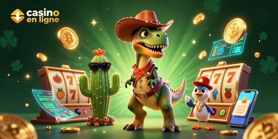 Jouez à casino en ligne avec cette illustration dynamique de personnages et éléments de jeu captivants.