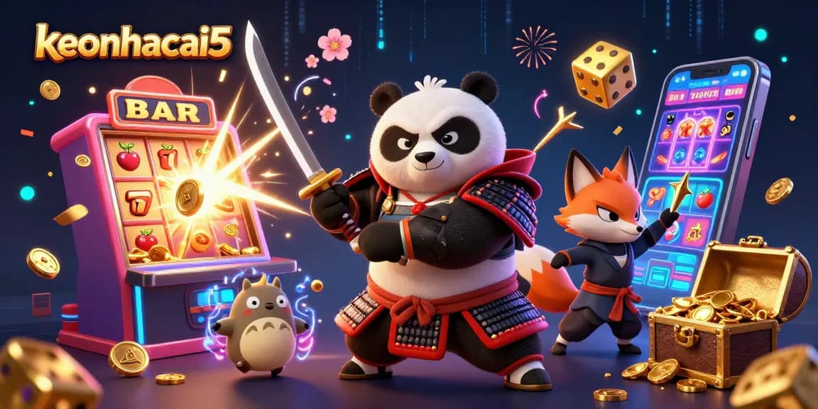 Engage with keonhacai5 in a vibrant casino scene featuring a samurai panda, ninja fox, and magical tanuki.