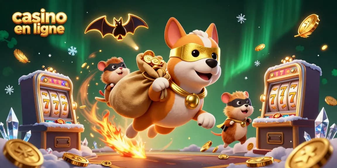 Illustration captivante avec un chien super-héros et un hamster, illustrant l'excitation du casino en ligne.