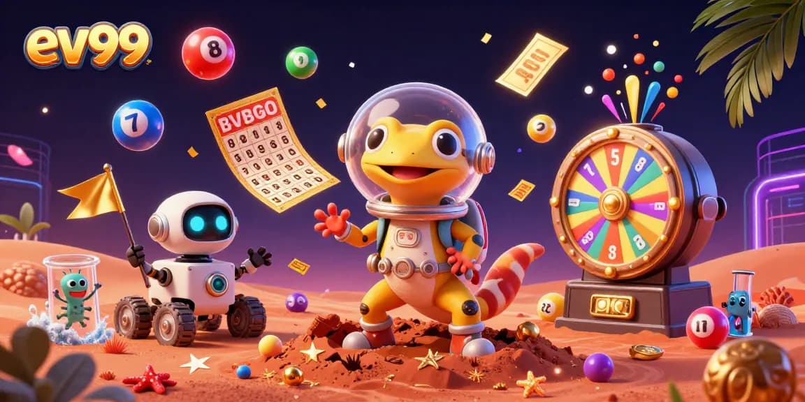 ev99 casino adventure with a Martian gecko and colorful lottery elements in a dynamic scene