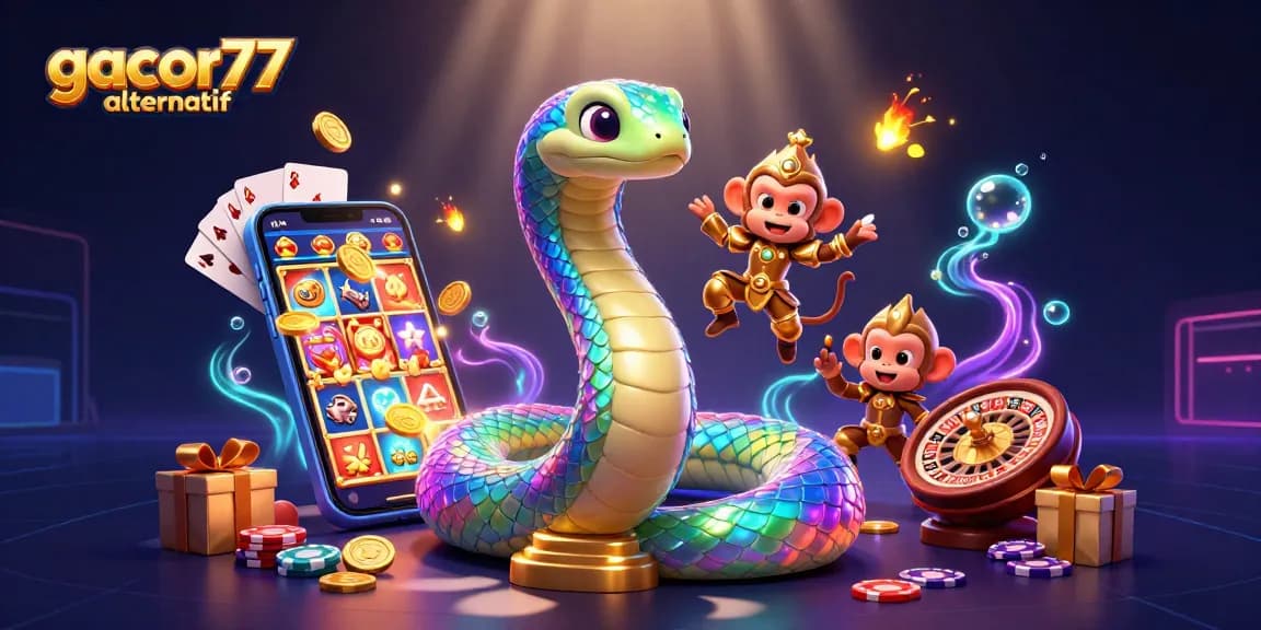 memainkan slot game dengan Gacor77 alternatif sambil dikelilingi karakter berwarna-warni dan efek magis