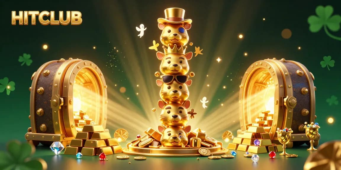 Join the excitement at HITCLUB, with vibrant casino elements and golden treasures in a dynamic 3D illustration.