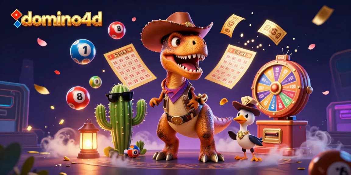 kanvas perjudian dengan domino4d yang menyenangkan, karakter dino cowboy, bola lotere berwarna, dan efek uang