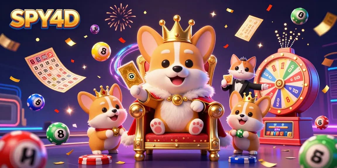 SPY4D menghadirkan suasana menang yang meriah dengan corgi kerajaan dan butler dalam ilustrasi kasino.