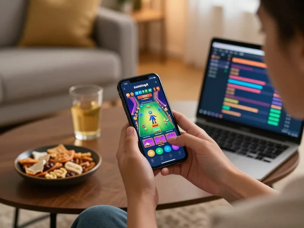 Engaging gameplay on sunwinapk app in a cozy living room setting with snacks and technology