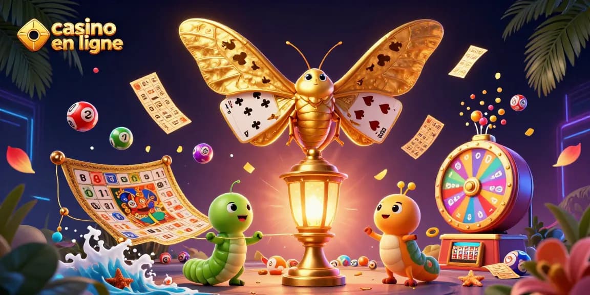 Aperçu captivant de l'univers du casino en ligne avec un papillon majestueux représentant les jeux de cartes et des éléments enjoués comme des boules de loterie colorées.