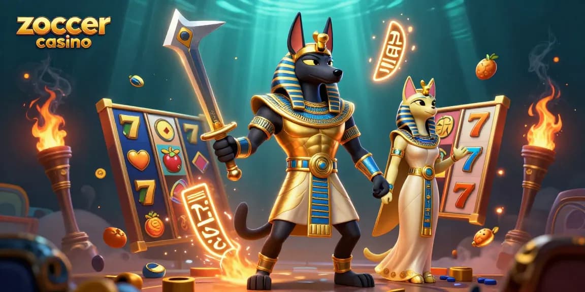 Zoccer casino showcases ancient Egyptian warriors and slot machines in a vibrant gaming scene.
