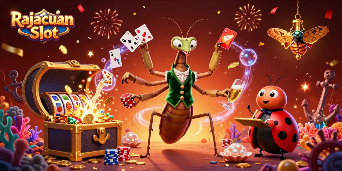 Membawa seru dengan Rajacuan Slot, ratusan koin emas dan simbol slot berkilauan melayang di sekitar.
