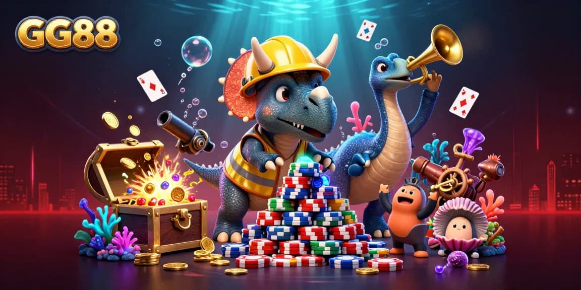 GG88 players celebrating with a dynamic illustration of a triceratops building poker chip pyramids.