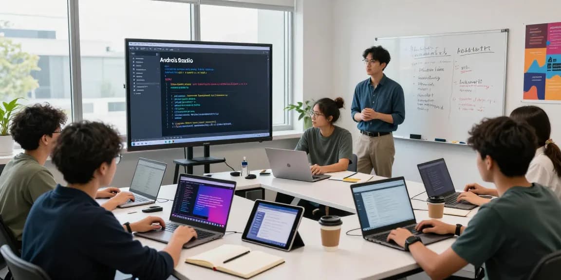 Students engaged in an Android development course with Kotlin, coding together in a collaborative learning environment.