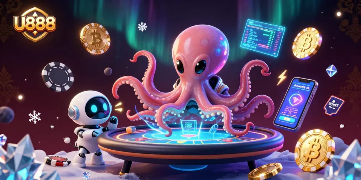 Experience the thrill of U888 with an alien octopus operating a holographic poker table in a cosmic ambiance.