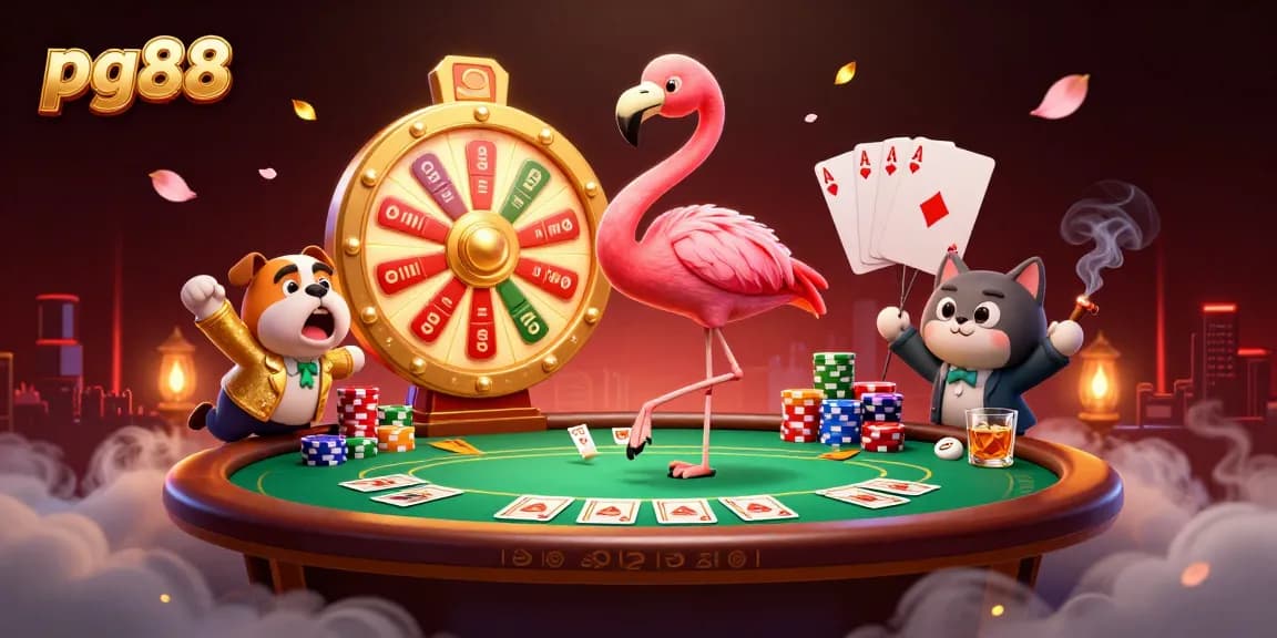 Spin the giant prize wheel at pg88, featuring vibrant casino elements and excited characters.