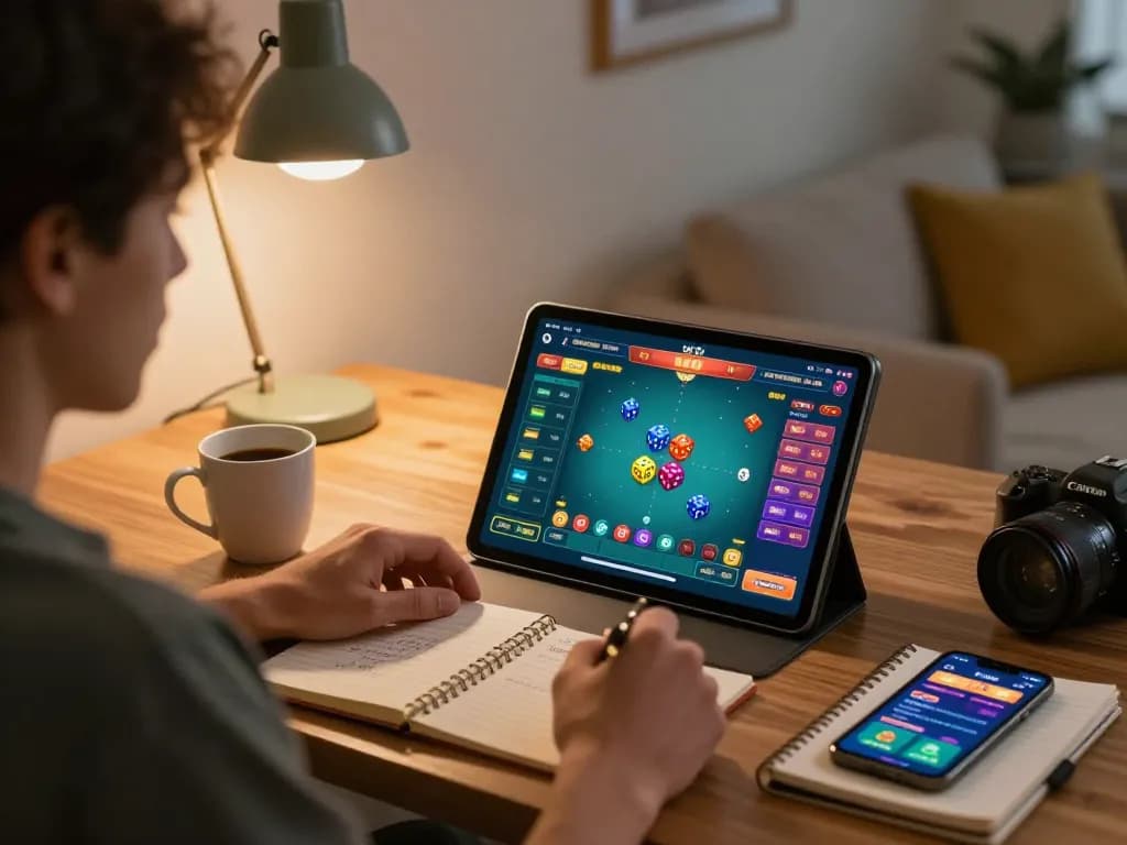 Engaged player enjoying a thrilling tài xỉu online gaming experience on a tablet, showcasing cozy home environment.