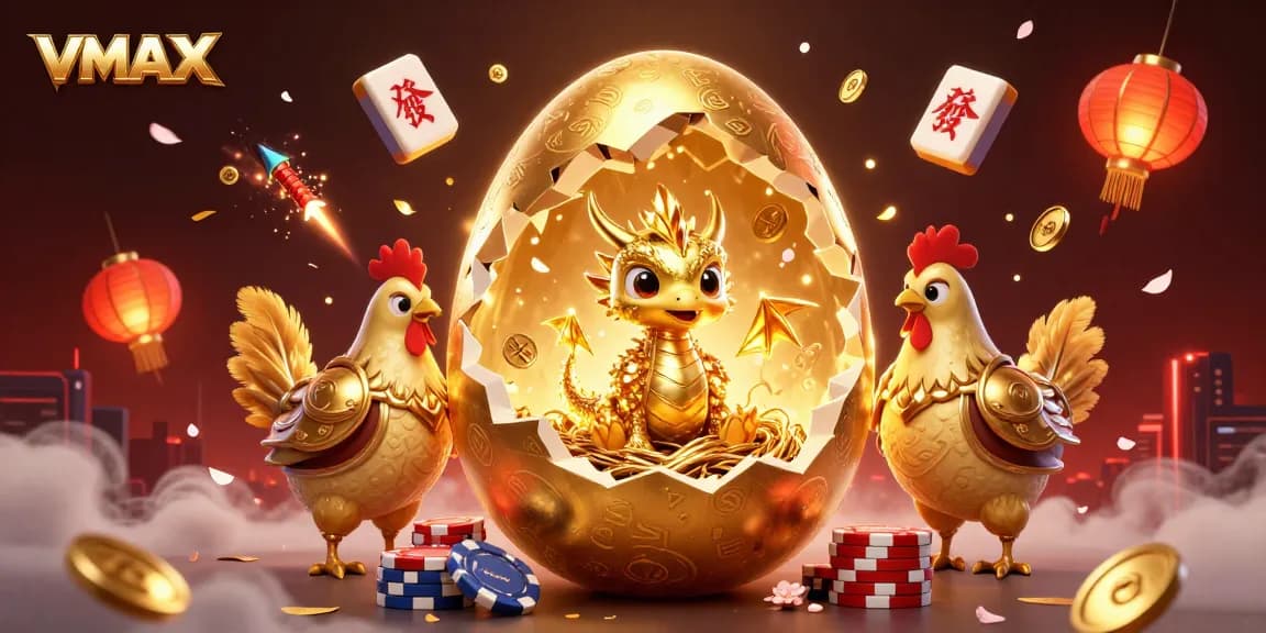 Win big with VMAX as a golden dragon emerges from a cracked egg amidst floating poker chips and celebratory elements.