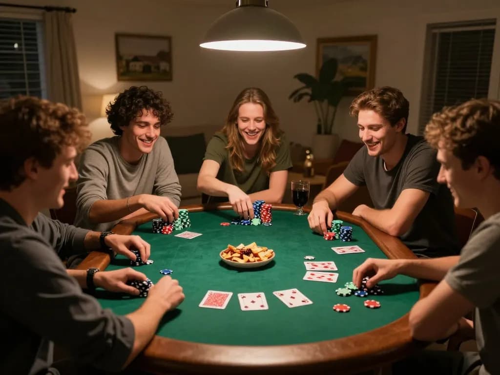 Friends celebrating at a poker night while enjoying slot pulsa games together.
