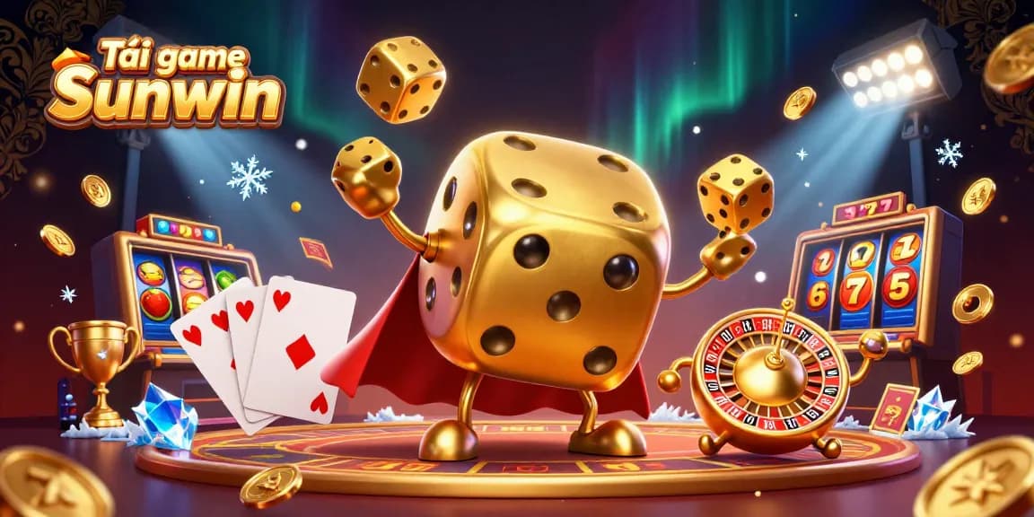 Tải game Sunwin with a vibrant illustration showing a golden dice golem juggling and slot game elements.