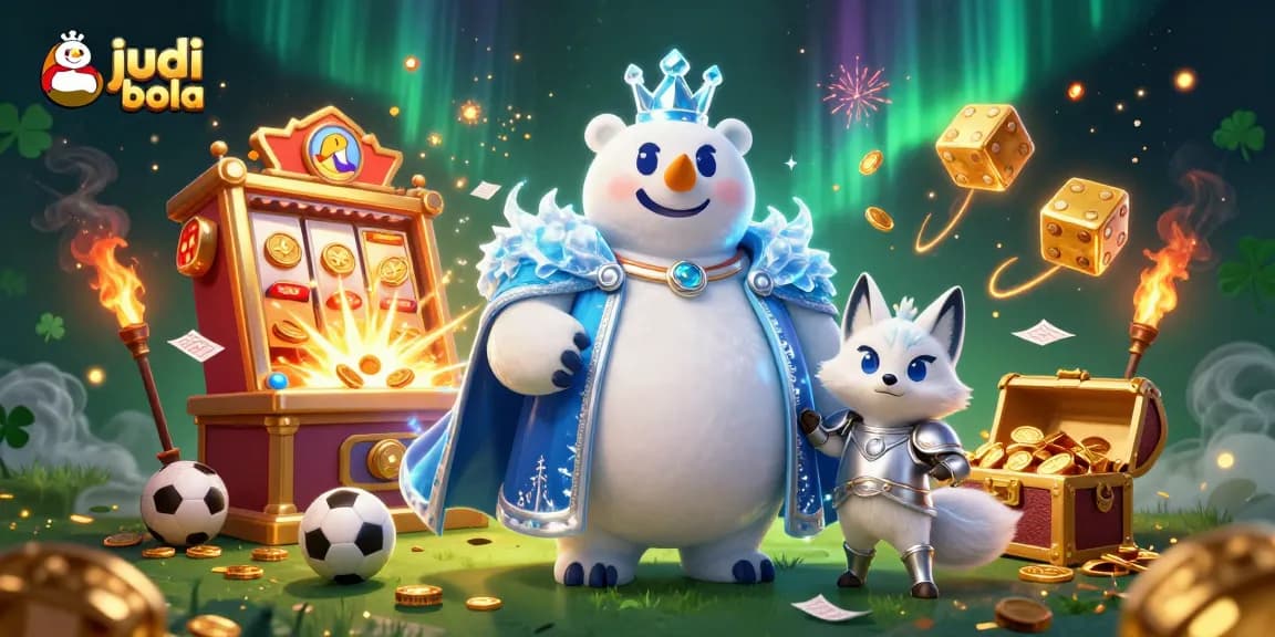 Engage in judi bola with a vibrant 3D illustration of a polar bear and fox amidst casino excitement.