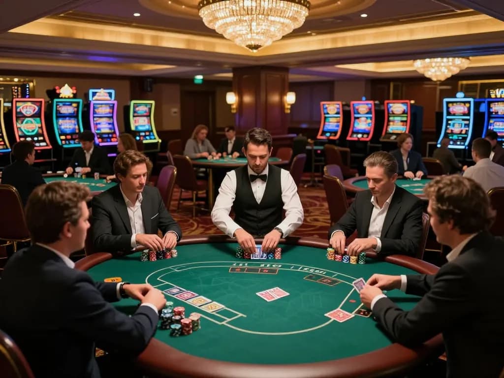 Sunwin players enjoy various casino games on the lively gambling floor during a strategic poker night.