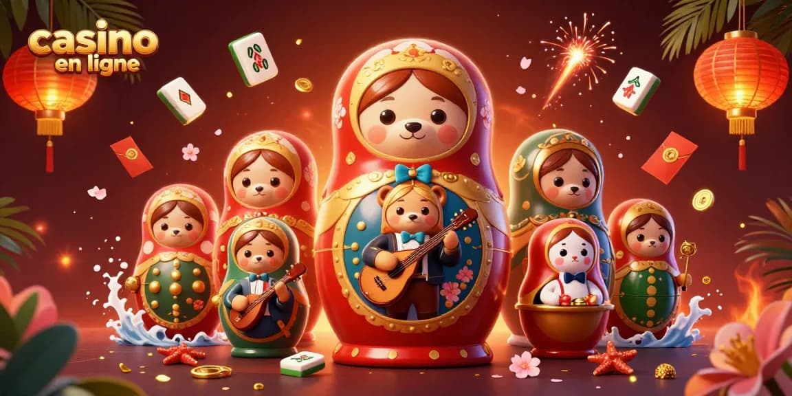 Illustration animée représentant un casino en ligne avec une matriochka et des éléments festifs.