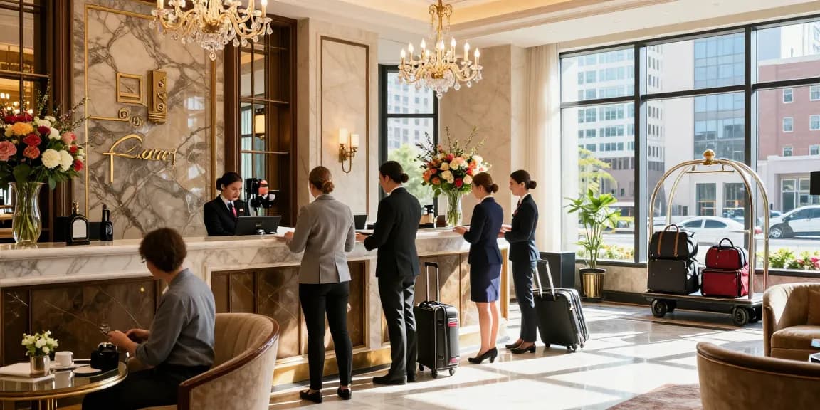 Luxurious Carter Hotel lobby with guests and staff, showcasing rokok88 hospitality experience.